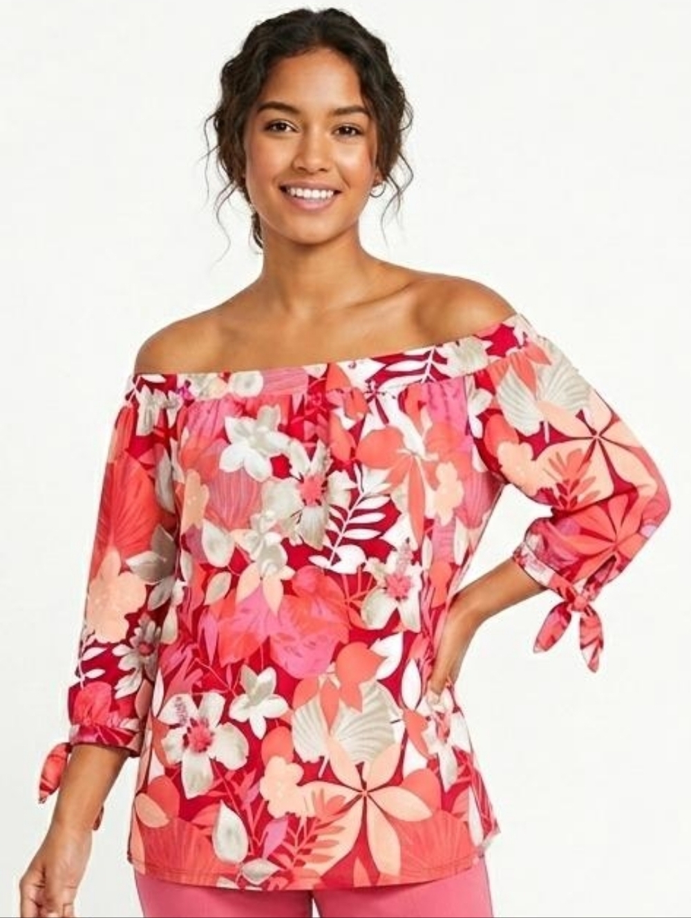 Simply Styled Red Pink Floral Off-Shoulder Blouse